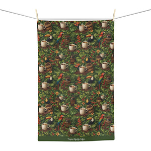 Microfiber Coffee & Tea Towel — Tropical Parrot, Toucan & Coffee Pattern
