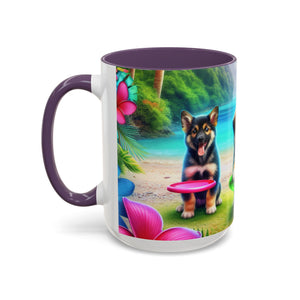 Cute Beach Puppies Playing Frisbee - Black Coffee Mug - Perfect Gift for Dog Lovers
