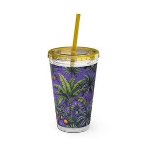 Tropical Tumbler with Straw | 16 oz: Tropical Palms & Fruit, Purple