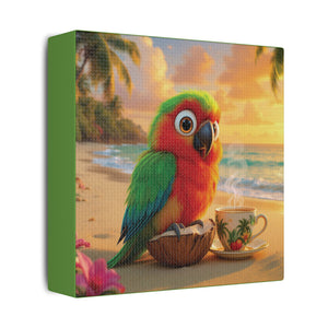 Tropical Beach Canvas - Tiki the Parrot Sunrise Wall Art, Green