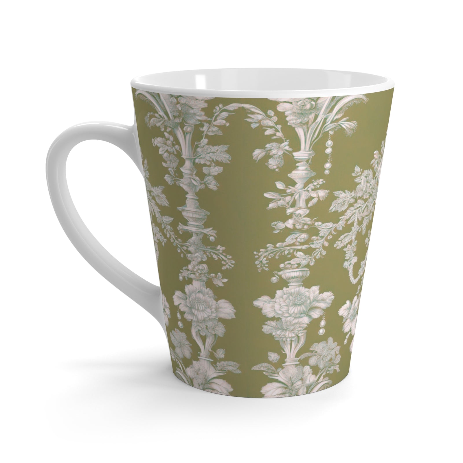 Latte White Mug - Perfect for Coffee Enthusiasts / Pearl Lady Toile, highborn green