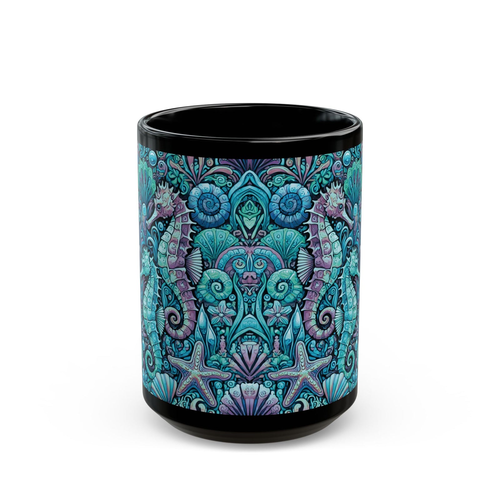 Black Coffee Mug - Seahorse Trio, Turquoise