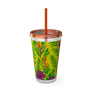 Tropical Tumbler with Straw | 16 oz: Midnight Flower Yellow