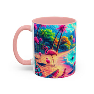 Accent Color Coffee Mug (11, 15oz) / Pop Art Flamingo Beach, Various Colors