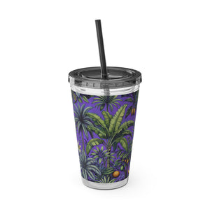 Tropical Tumbler with Straw | 16 oz: Tropical Palms & Fruit, Purple