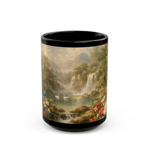 Black Ceramic Mug — Vintage Floral Rainforest Landscape, 11oz/15oz