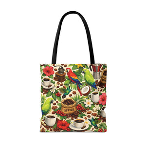 Tropical Parrots & Coffee Tote Bag, Green - 3 Sizes