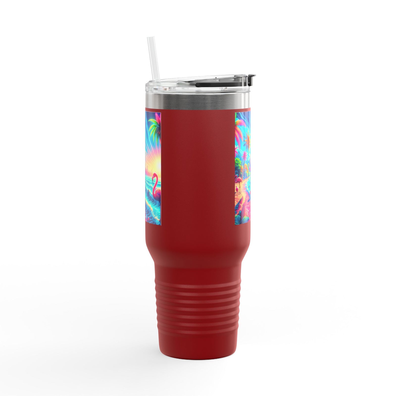 Insulated Travel Mug, 40oz / Pop Art Flamingo Beach