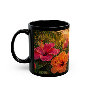 Tropical Hibiscus Sunset Mug — Floral Black Coffee Cup (11oz/15oz)
