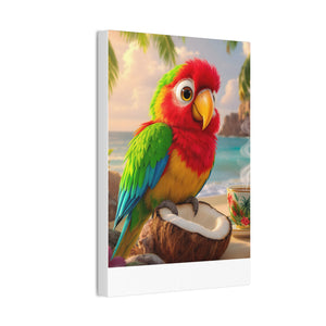 Tropical Parrot Canvas Wall Art — Colorful Beach Scene with Coffee Cup