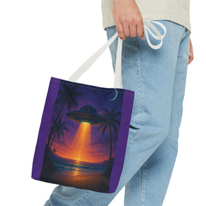 UFO at Beach Sunset Tote Bag, Purple - 3 Sizes