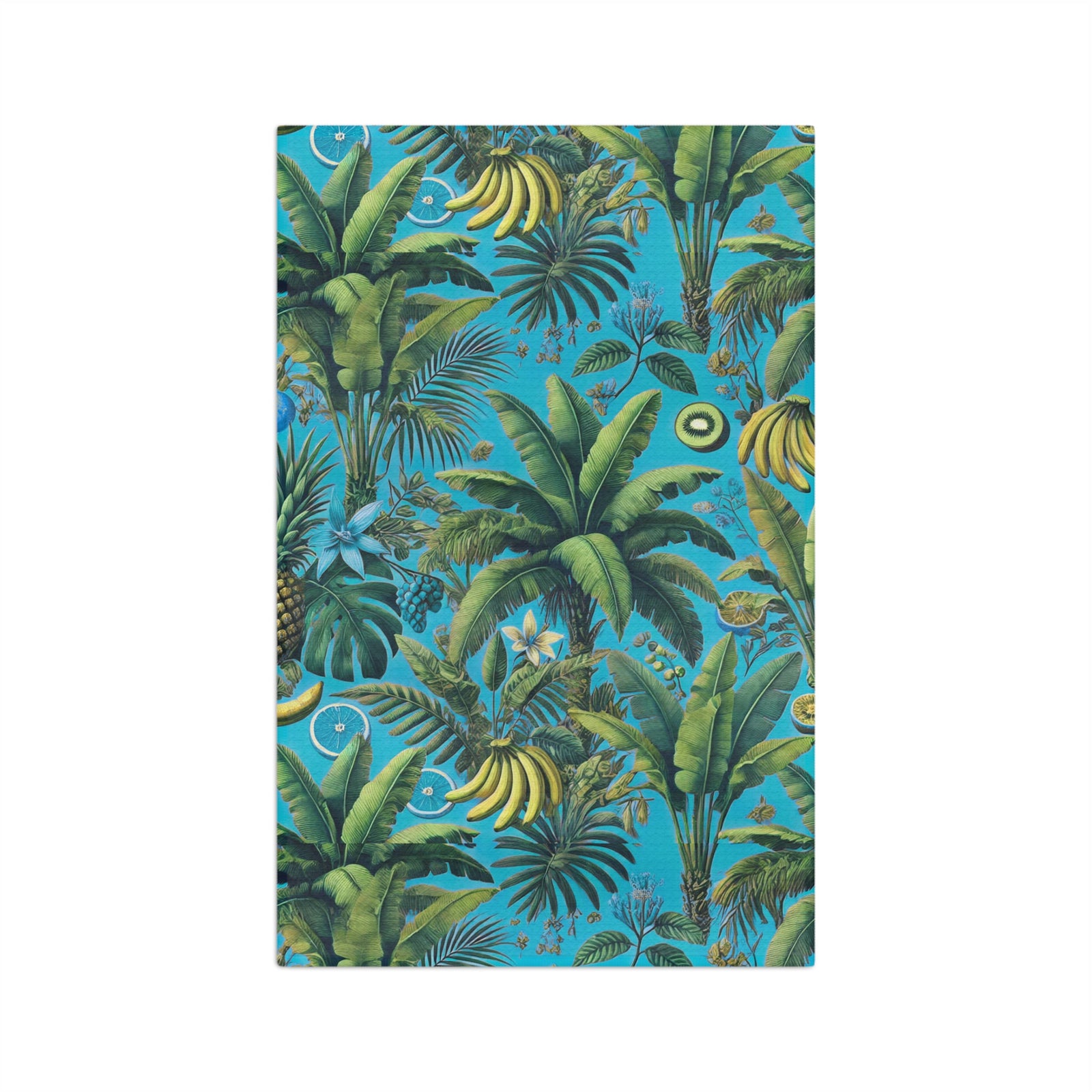 Tropical Microfiber Coffee/Tea Towel — Palms & Bananas, Aqua Blue