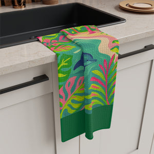 Tropical Microfiber Coffee/Tea Towel ~ Jumping Dolphins, Dark Green