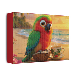 Tropical Beach Canvas - Tiki the Parrot Sunrise Wall Art, Dark Red