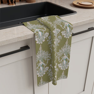 Tropical Microfiber Coffee/Tea Towel ~ Vintage Damask, Pearl Lady Olive Green
