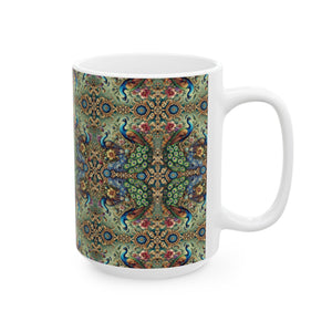 Ceramic White Mug - 11oz & 15oz, Kaleido Peacock Royals