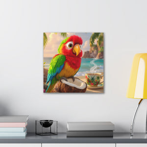 Tropical Parrot Canvas Wall Art — Colorful Beach Scene with Coffee Cup