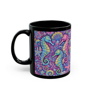 Black Coffee Mug - Seahorse Trio, Purple Fantasy