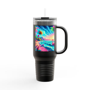 Insulated Travel Mug, 40oz / Pop Art Flamingo Beach