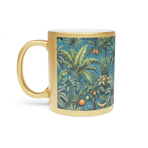 Tropical Metallic Mug, Gold or Silver - Palms & Oranges, Peacock Blue