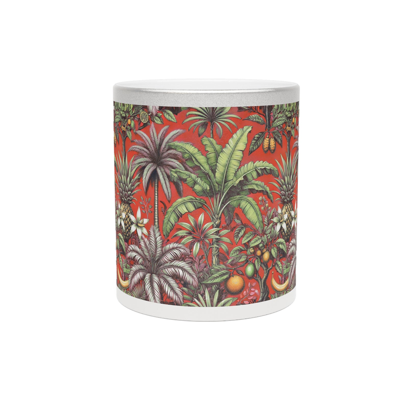 Tropical Metallic Mug, Gold or Silver - Tropical Palms & Fruit, Red