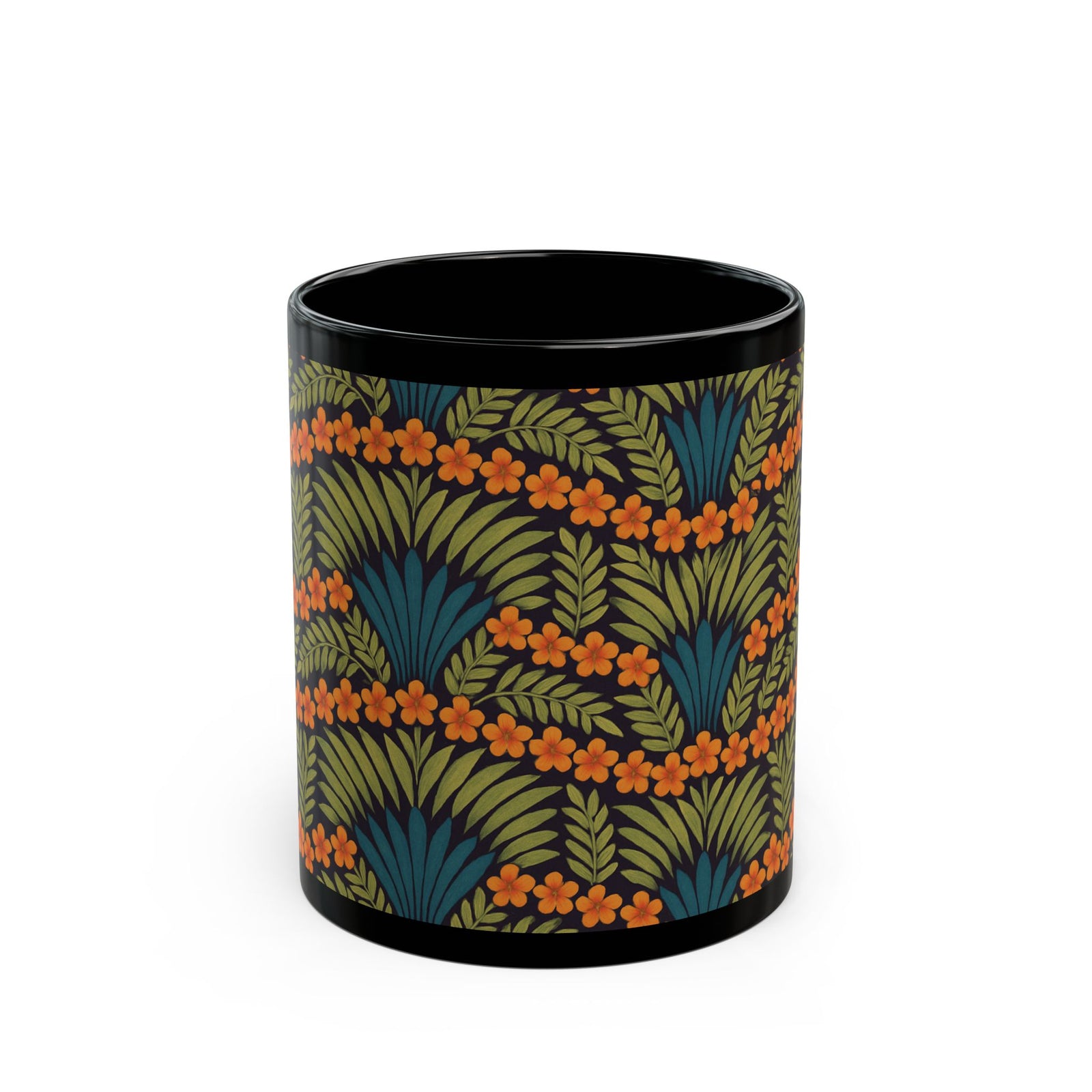 Black Coffee Mug - Hibiscus Fan Dance, Orange