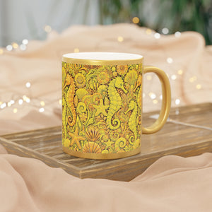 Tropical Metallic Mug, Gold or Silver - Seahorse Trio, Yellow