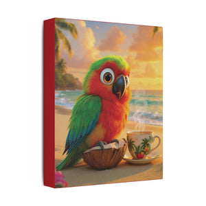 Tropical Beach Canvas - Tiki the Parrot Sunrise Wall Art, Dark Red