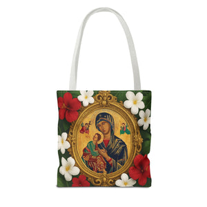 Religious Art Polyester Tote Bag, 3 Sizes / Our Lady of Perpetual Help, Red Flowers