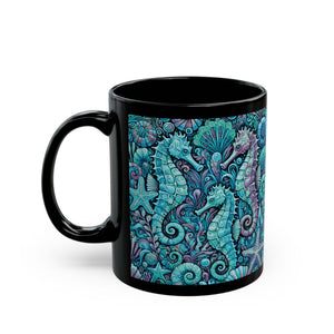 Black Coffee Mug - Seahorse Trio, Turquoise