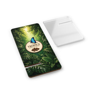 Tropical Butterfly Mobile Phone Stand —Smartphone Display Stand, Tropics Lifetyle Coffee Logo