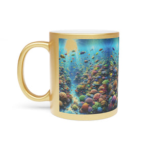 Tropical Metallic Mug, Gold or Silver - Busy Coral Reef