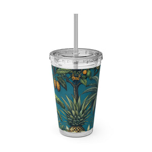 Tropical Tumbler with Straw | 16 oz: Tropical Palms & Fruit, Blue