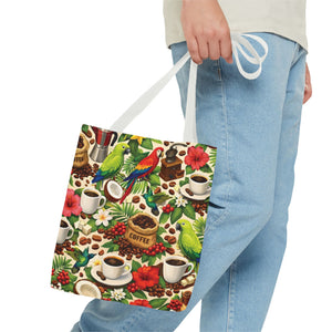 Tropical Parrots & Coffee Tote Bag, Green - 3 Sizes