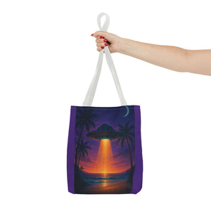 UFO at Beach Sunset Tote Bag, Purple - 3 Sizes