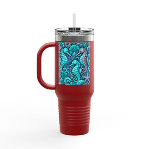 Insulated Travel Mug, 40oz / Seahorses, Turquoise - Perfect for Outdoor Adventures