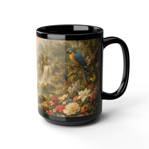 Black Ceramic Mug — Vintage Floral Rainforest Landscape, 11oz/15oz