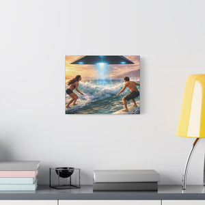 Surfing UFO Canvas Print — Beach Sunset Sci‑Fi Wall Art