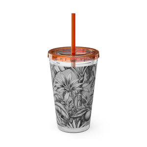 Tropical Tumbler with Straw | 16 oz: Tropical Palms & Fruit, Noir