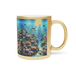 Tropical Metallic Mug, Gold or Silver - Busy Coral Reef