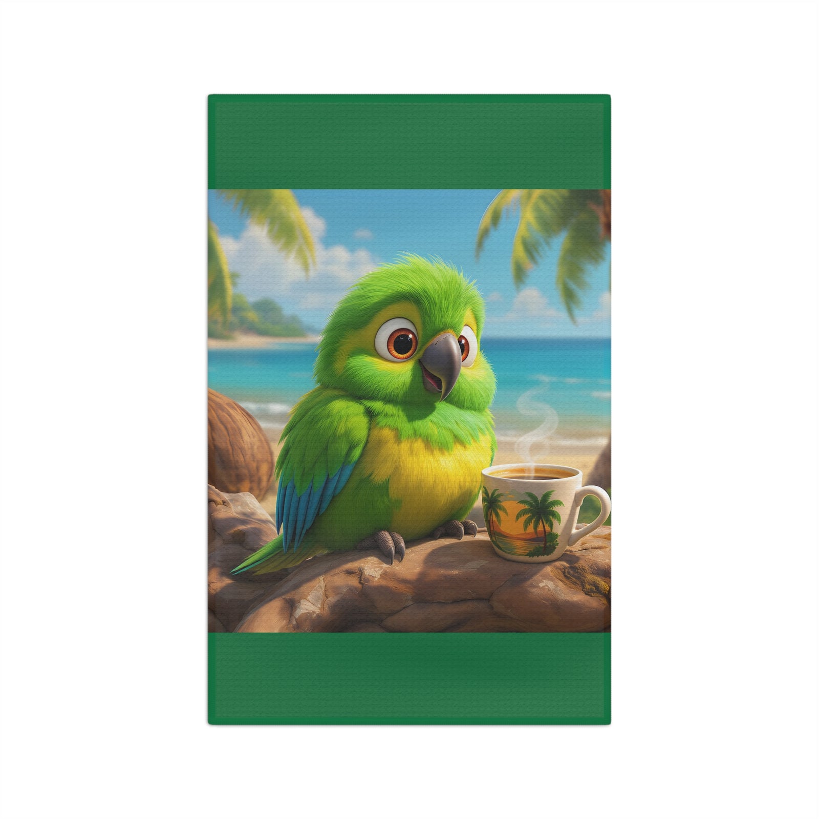 Tropical Coffee/Tea Towel — Lulu the Parrot at Beach, Dark Green