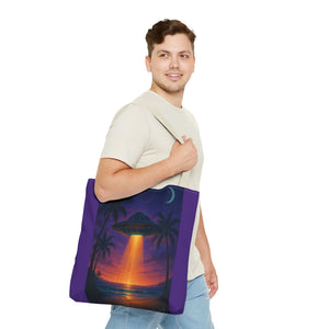 UFO at Beach Sunset Tote Bag, Purple - 3 Sizes