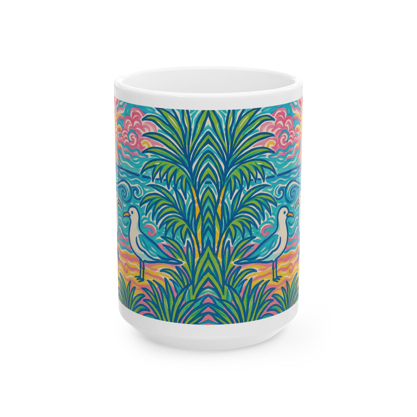 Ceramic White Mug - 11oz & 15oz, / Tropical Beach Seagulls