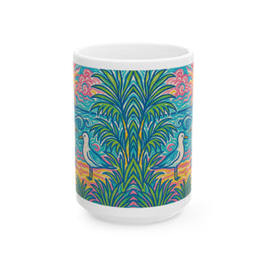 Ceramic White Mug - 11oz & 15oz, / Tropical Beach Seagulls