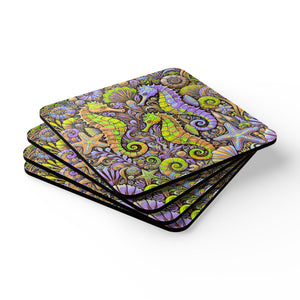 Coaster Set/4 - Seahorse Trio, Purple