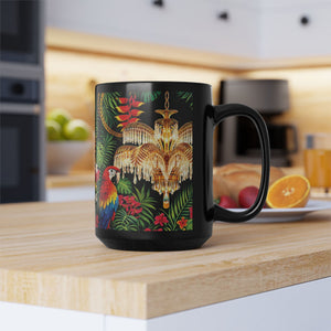 Tropical Parrot Black Mug — Jungle Floral Design with Chandelier (11oz/15oz)