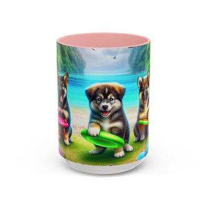 Cute Beach Puppies Playing Frisbee - Black Coffee Mug - Perfect Gift for Dog Lovers