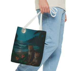 Tropical Beach & Jaguars Tote Bag, Black - 3 Sizes