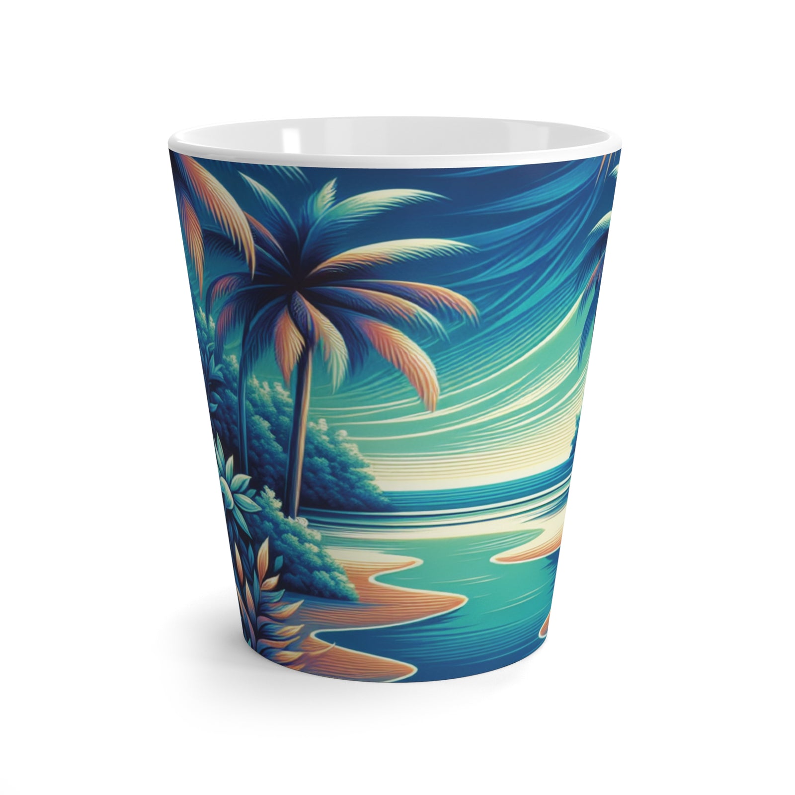 Latte White Mug - Perfect for Coffee Enthusiasts / Neon Blues Beach