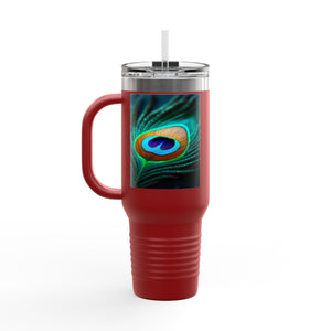 Insulated Travel Mug, 40oz / Peacock Eye Feather, Turquoise- Perfect for Outdoor Adventures